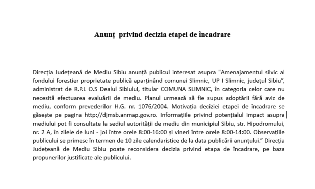 Anunt privind decizia etapei de incadrare
